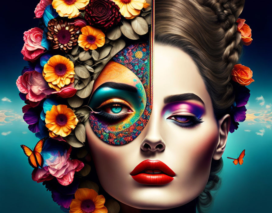 Split-face image: Natural floral side vs. colorful makeup with butterflies