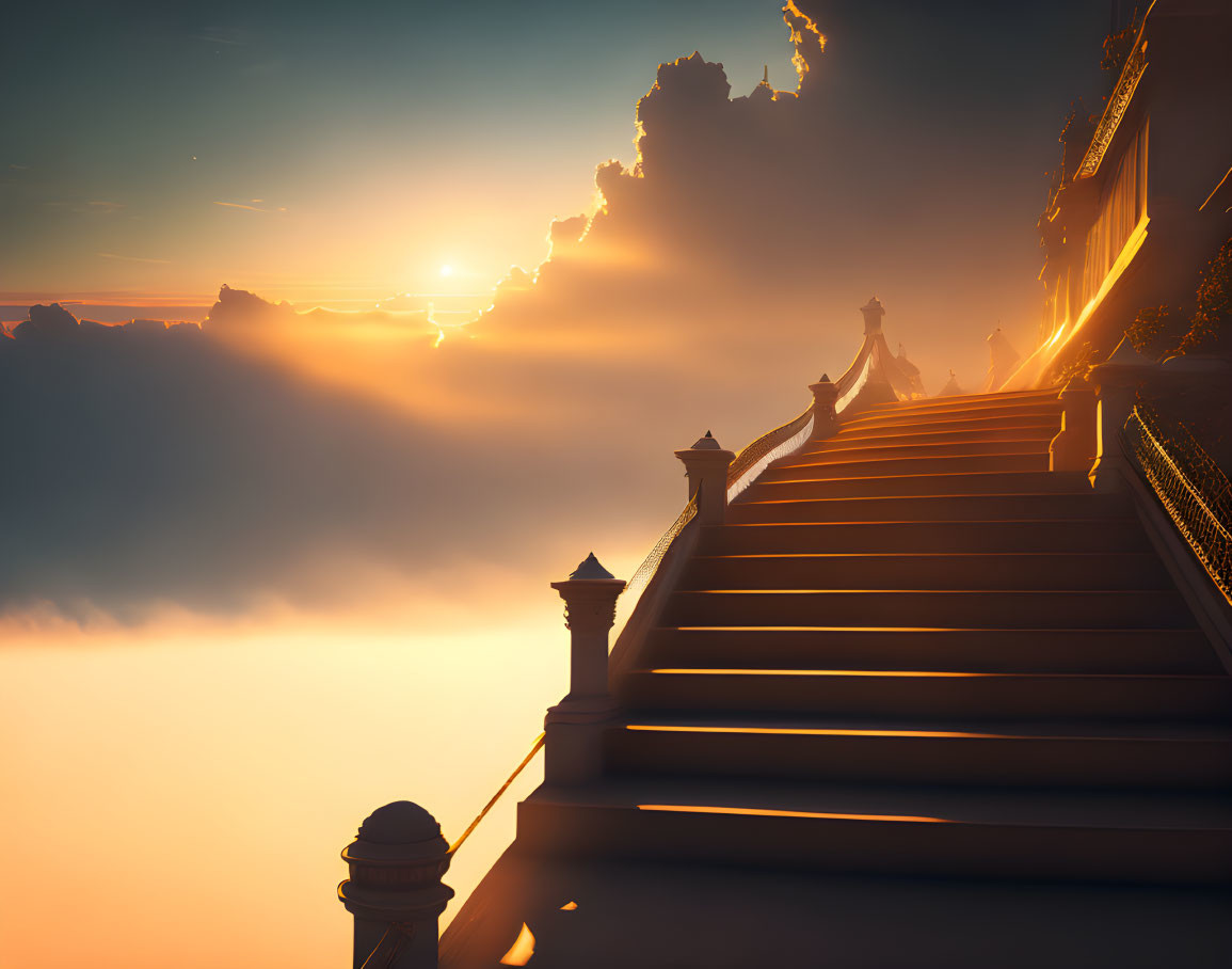 Mystical staircase ascends into radiant sunset above clouds