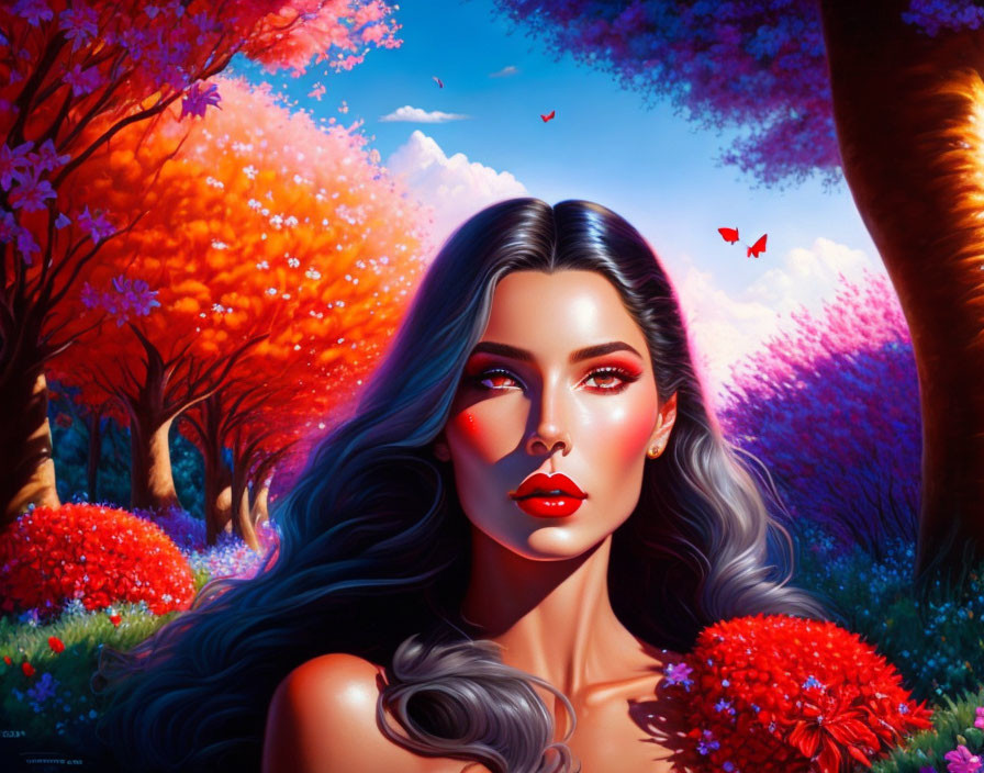 Vibrant digital artwork: Woman with red makeup in colorful fantasy forest