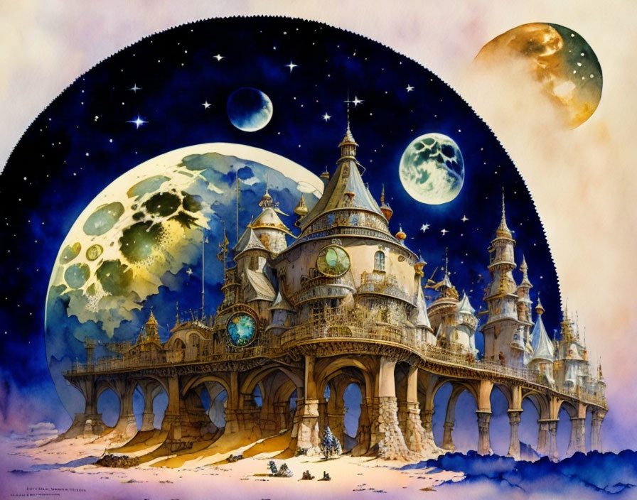 Fantasy castle with multiple towers under starry sky