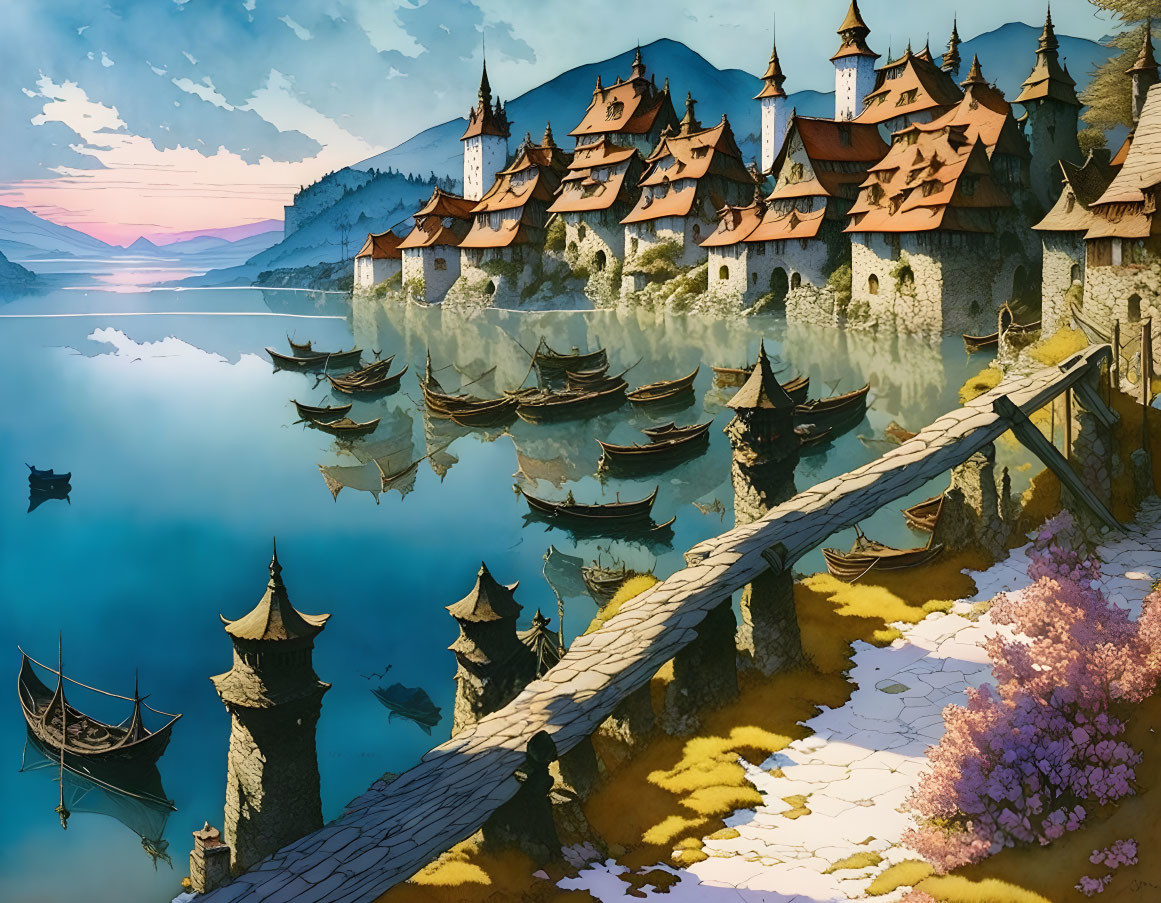 Tranquil fantasy village by lakeshore with traditional houses and boats at sunset