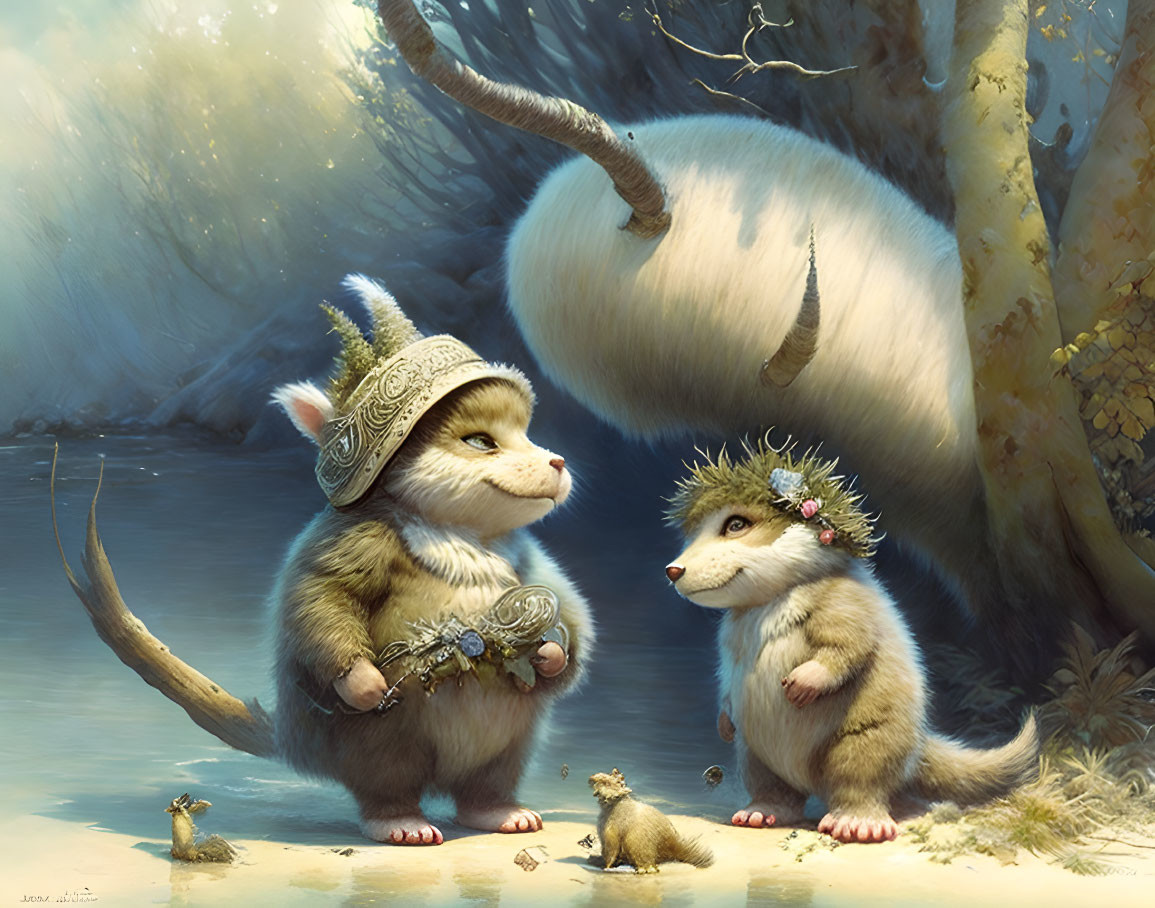 Anthropomorphic cat and hedgehog in whimsical outfits with two mice in forest clearing