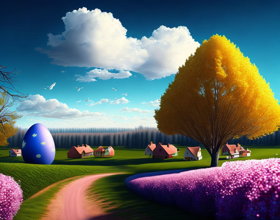 Colorful Easter Egg in Vibrant Landscape with Golden Tree and Quaint Village