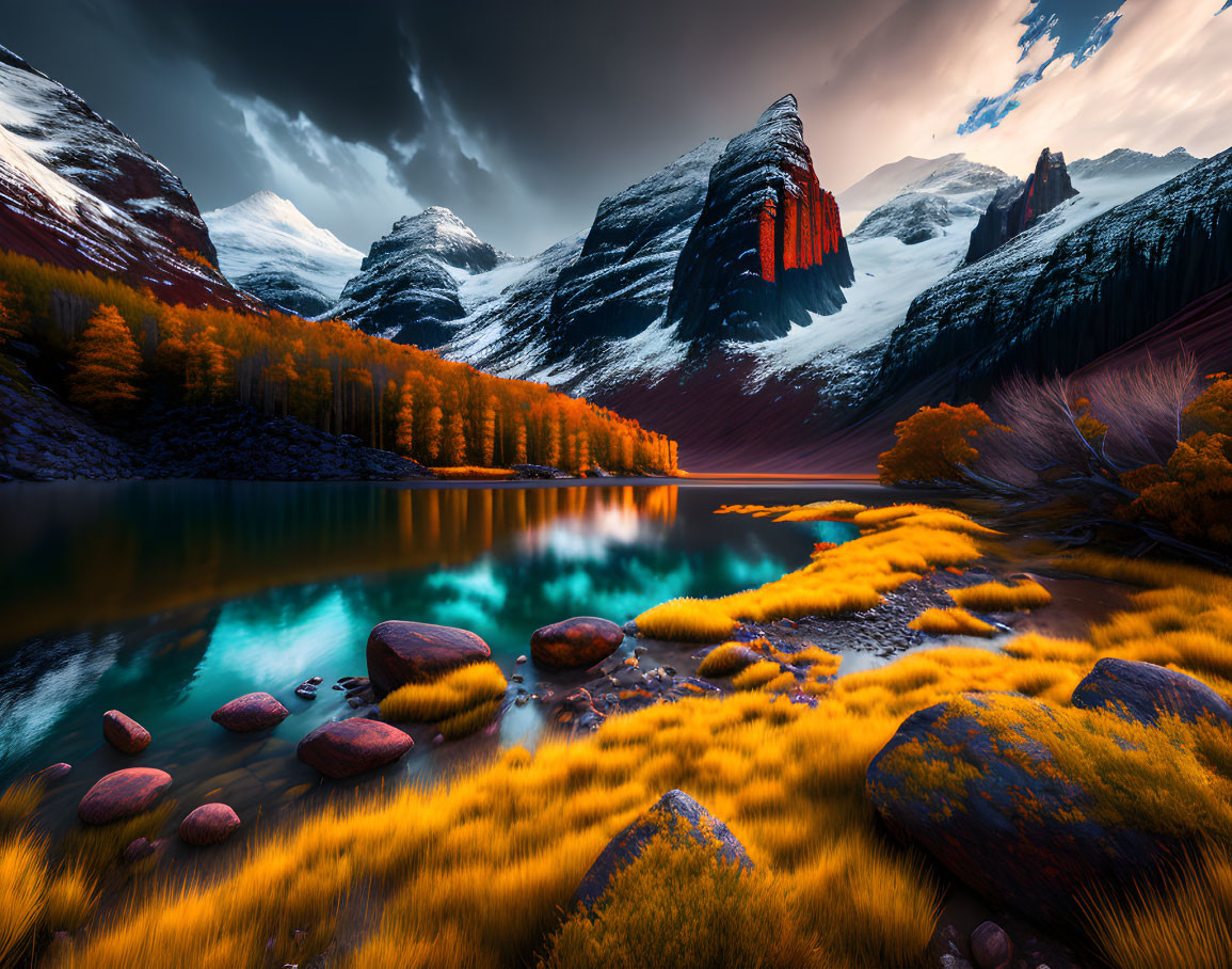 Turquoise Lake, Golden Foliage, Snow-Capped Mountains & Dramatic Sky