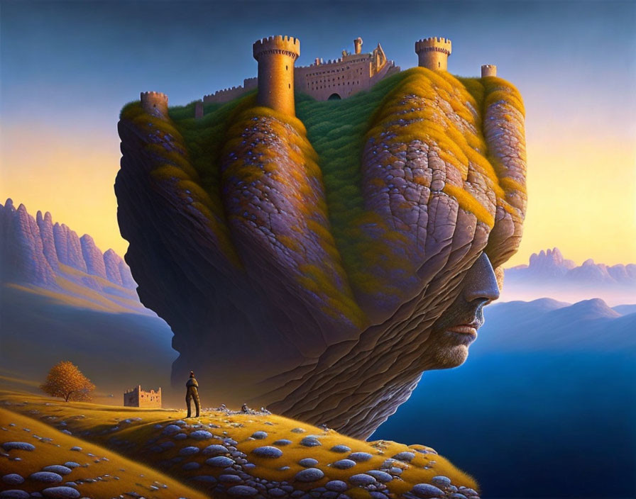 Surreal landscape featuring giant rock shaped like human head with castle atop