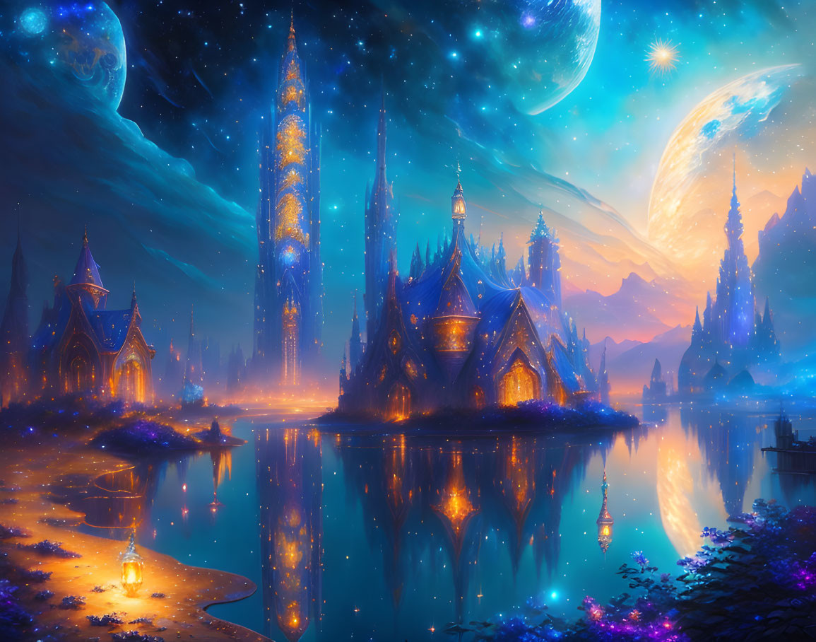 Majestic castles in fantastical landscape under two moons