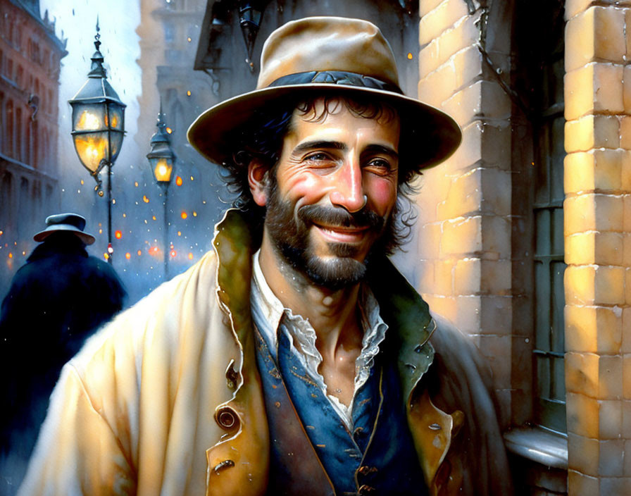 Smiling man in hat and coat with historical backdrop.