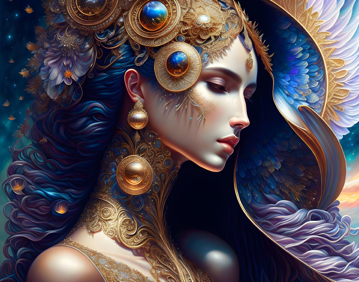 Fantasy Artwork: Woman in Gold and Blue Headgear with Wings