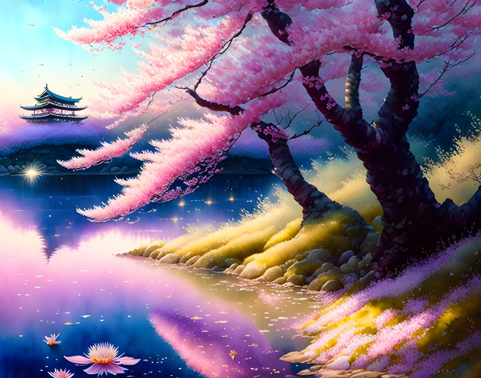 Digital artwork: Cherry blossoms, lake, fireflies, pagoda, lotus flowers