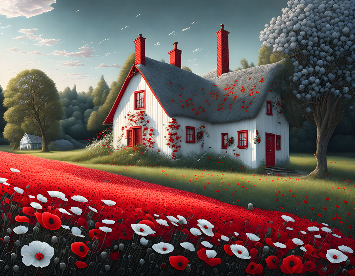 Red-roofed cottage in vibrant poppy field landscape