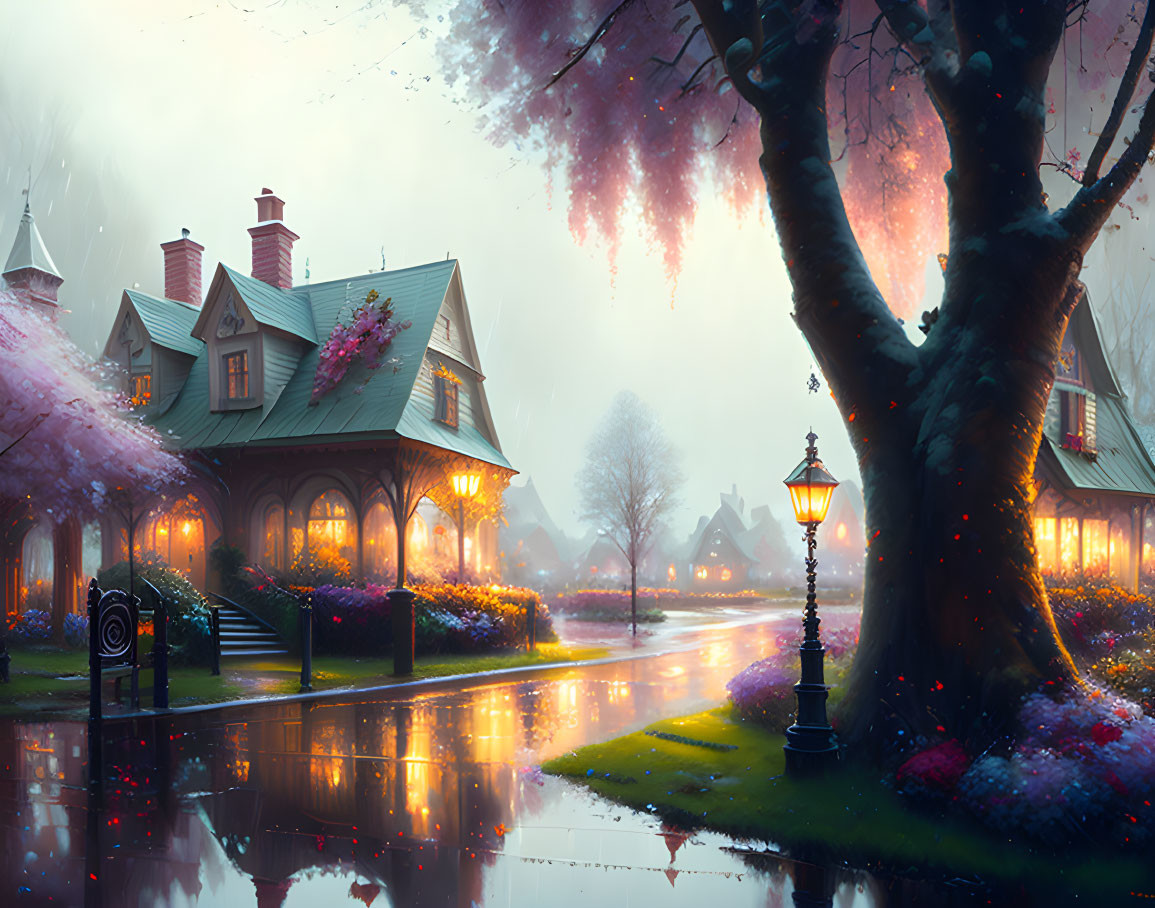 Cozy cottage with illuminated windows in rainy twilight scene