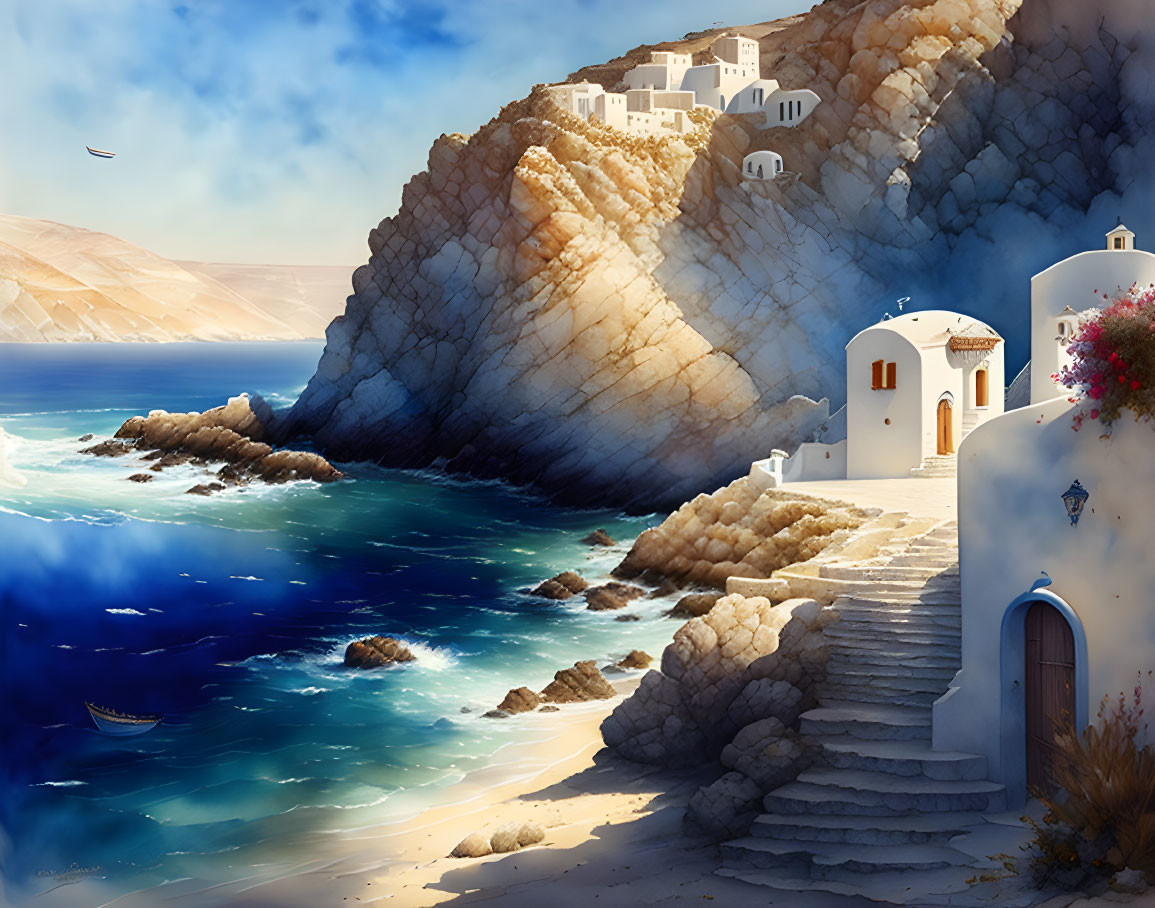 Whitewashed buildings, blue waters, rocky shores: Mediterranean seaside view