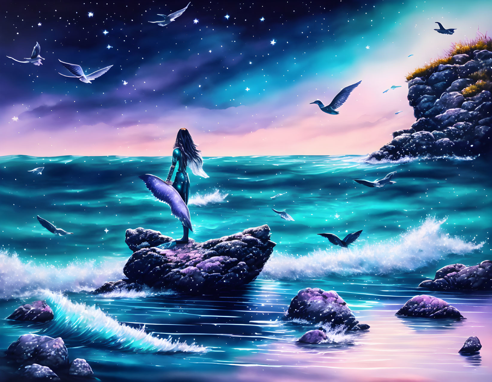 Mermaid on Rock at Twilight with Starry Sky and Colorful Sea