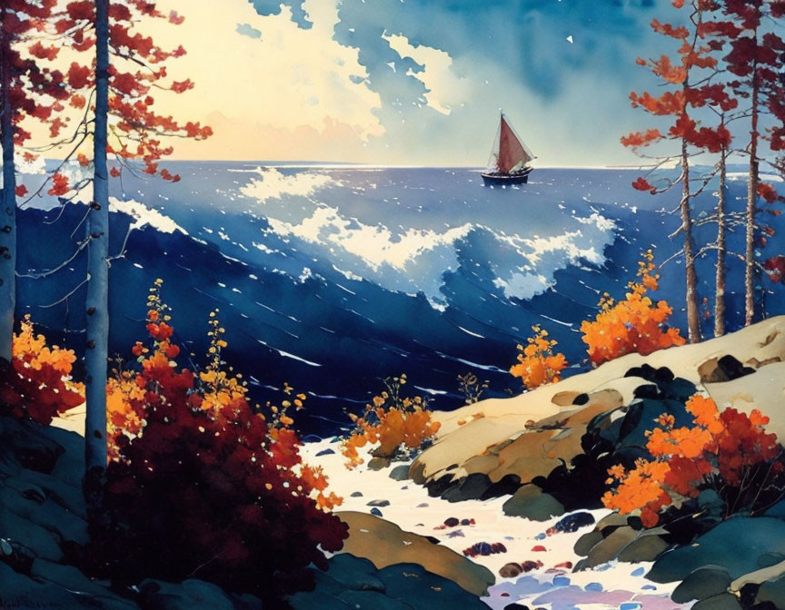 Sailboat seascape watercolor with autumn trees and rocks