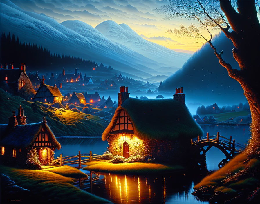 Tranquil twilight scene with thatched-roof cottages, watermill, river, and star