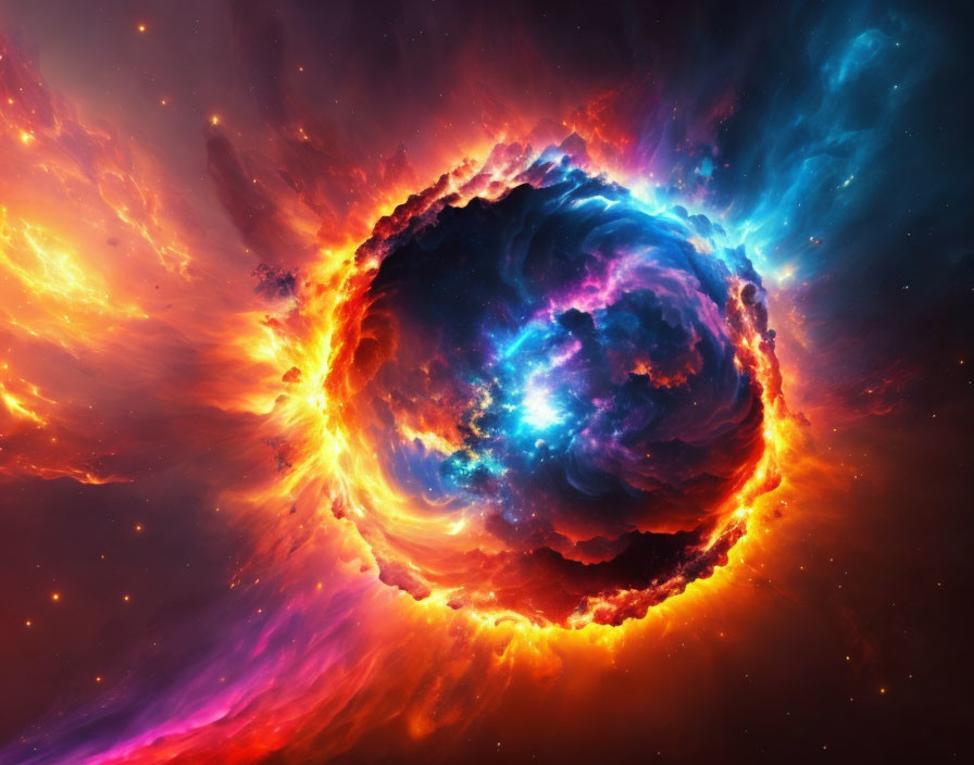 Vibrant cosmic scene with glowing celestial body and fiery red gases