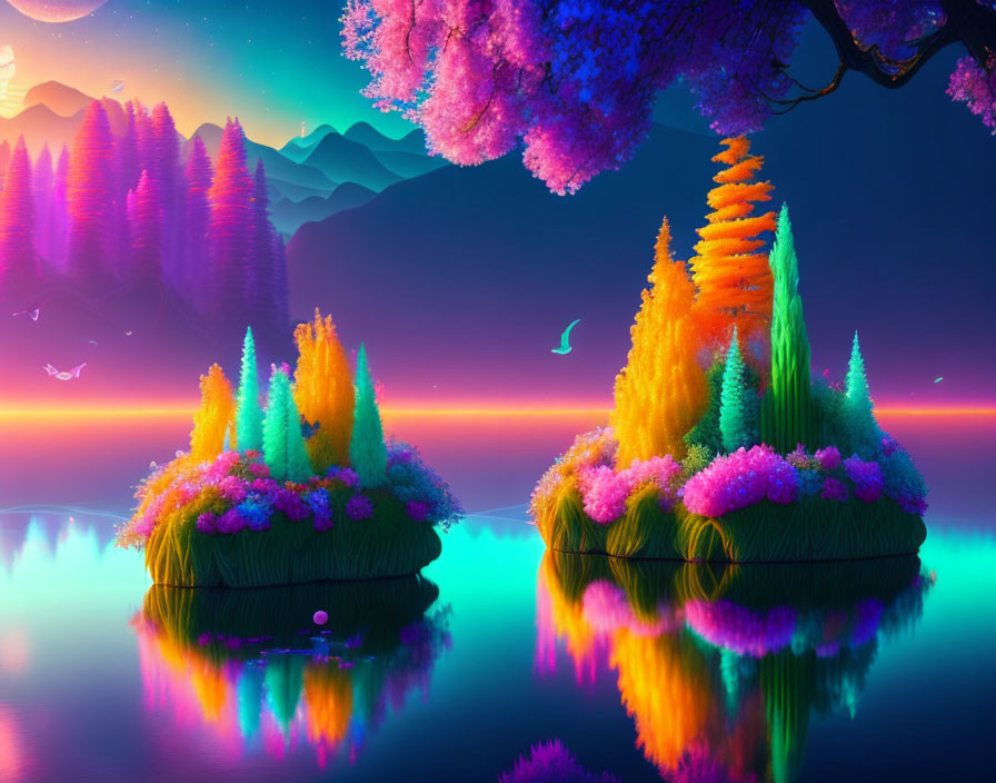 Colorful Trees on Floating Islands in Vibrant Fantasy Landscape