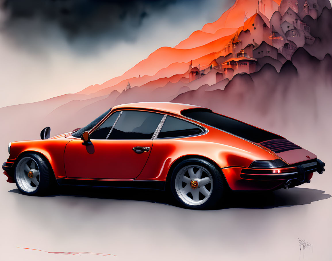 Red Porsche 911 Turbo with Black Trim in Mountain Cityscape