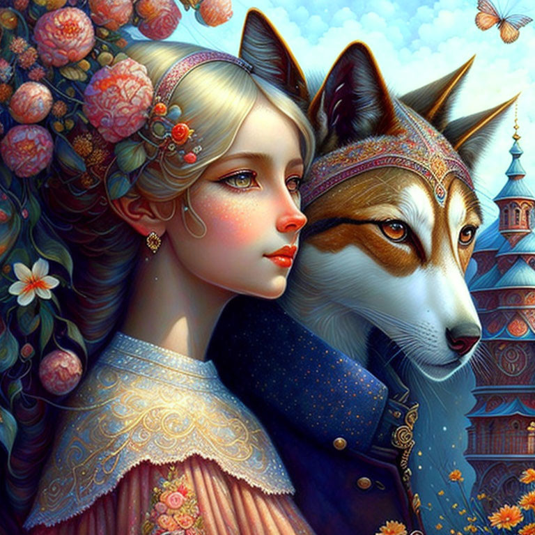 Illustration: Woman and fox in ornate attire with floral headpieces in fantasy setting