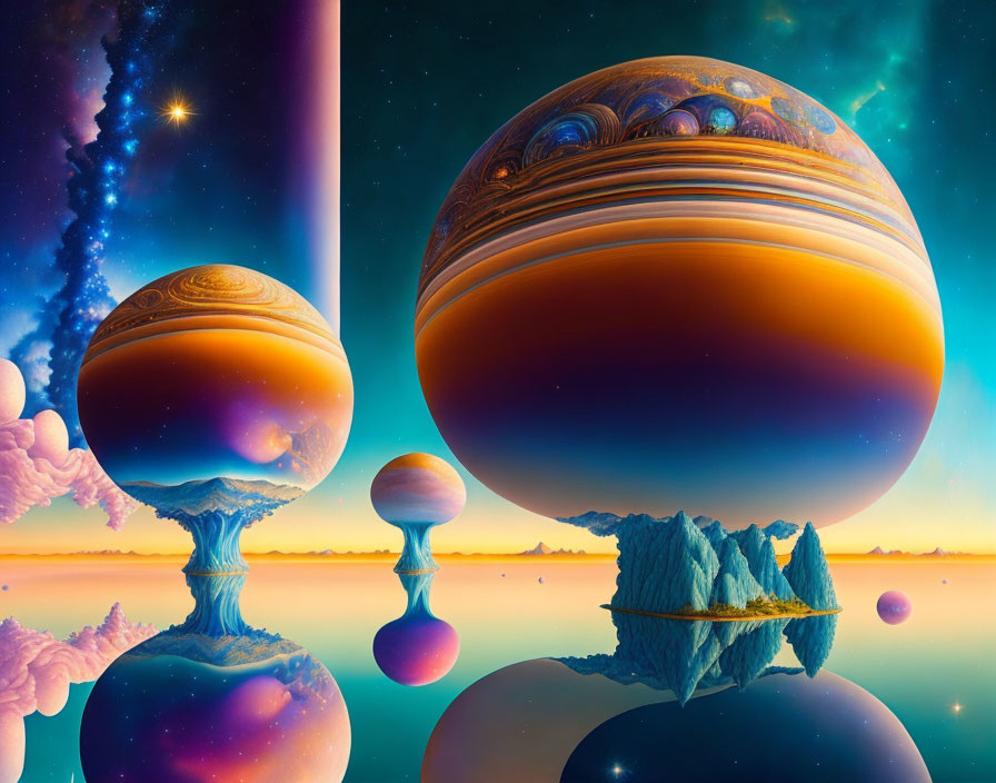 Colossal planets hover over vibrant alien terrain in star-filled sci-fi landscape