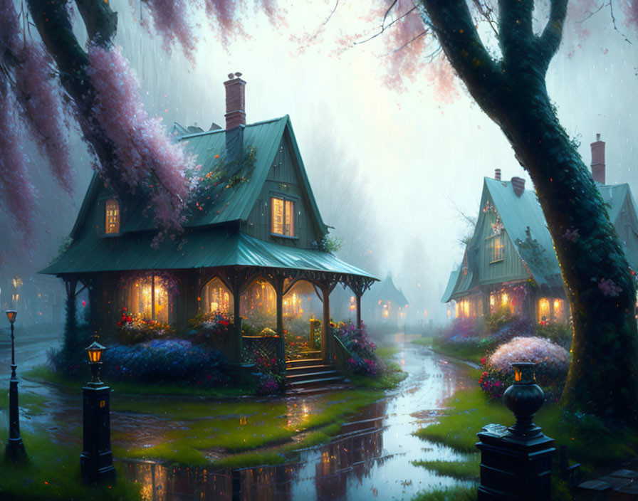 Rainy Evening Scene: Cozy Houses with Lit Lamps Amid Lush Greenery