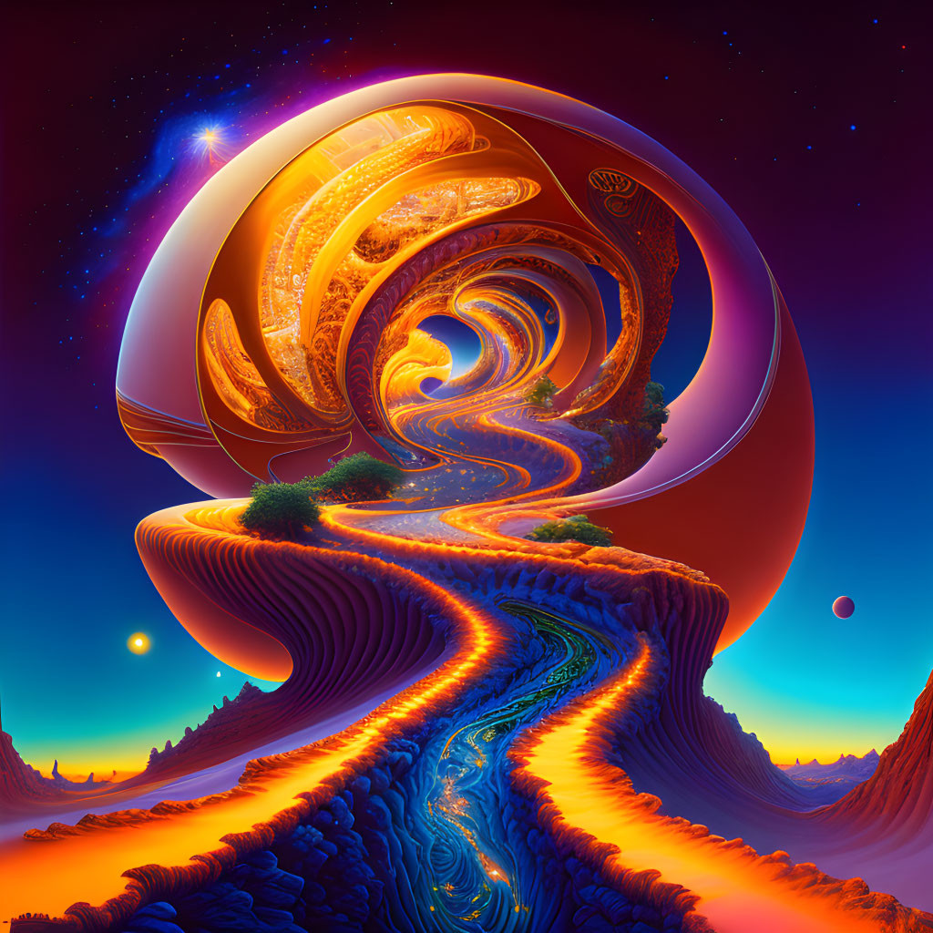 Colorful fantastical landscape with swirling patterns, flowing river, and celestial sky