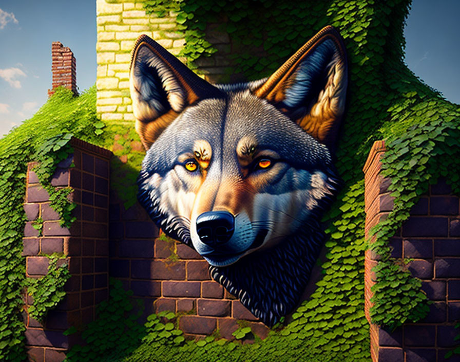 Realistic wolf head digital art in ivy-covered brick walls under sunny sky