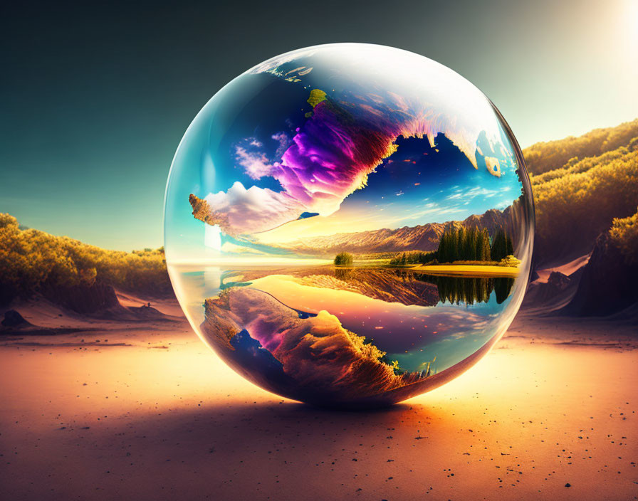 Crystal ball reflecting vibrant landscape with mountains, river, trees, and golden sunset.