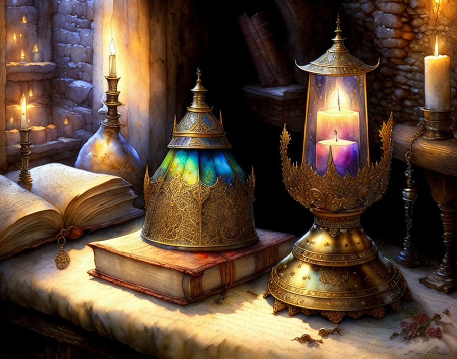 Ornate lantern lighting antique book and candles in mystical scene