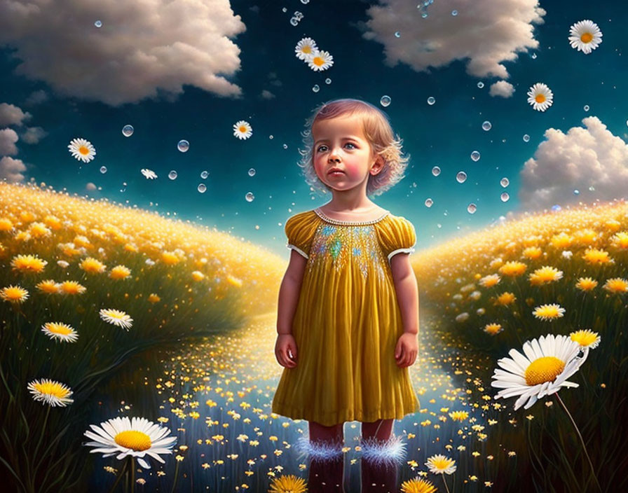 Child in yellow dress among vibrant flowers and daisies under blue sky