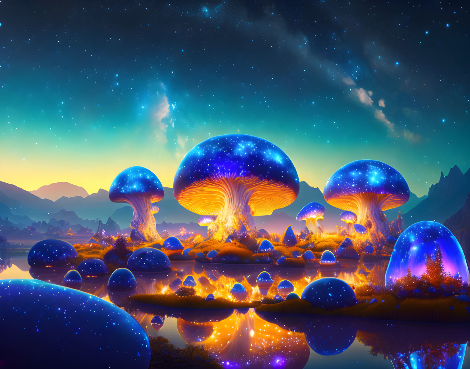 Fantasy landscape with bioluminescent mushrooms under starry sky