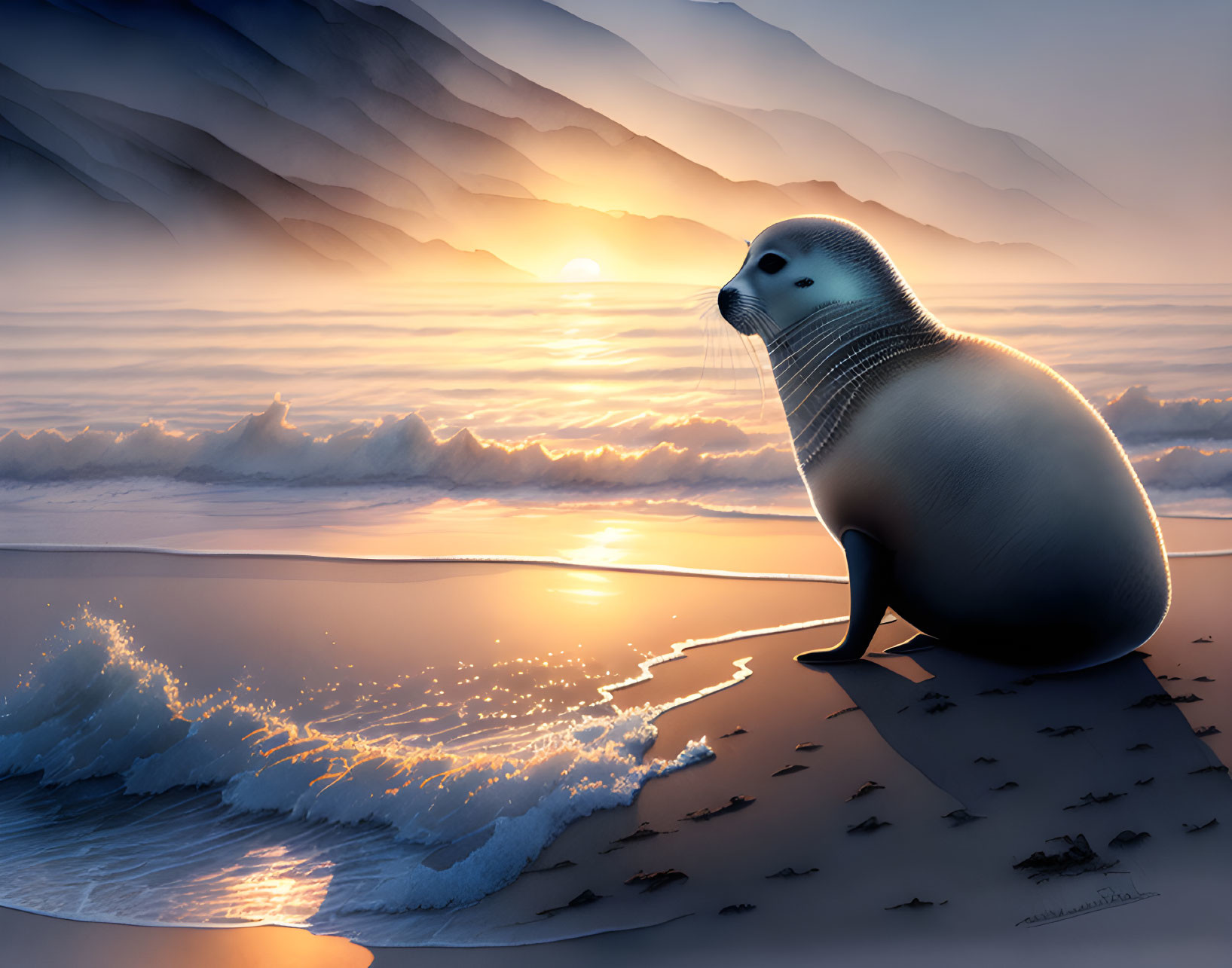 Seal on beach at sunset with waves, mountains, warm glow