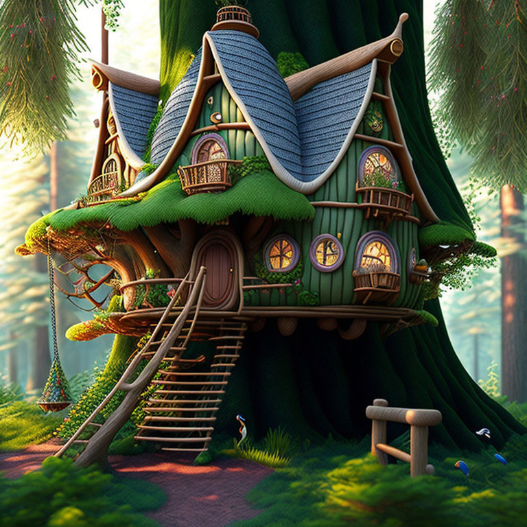 Curved roof treehouse with round windows in lush forest