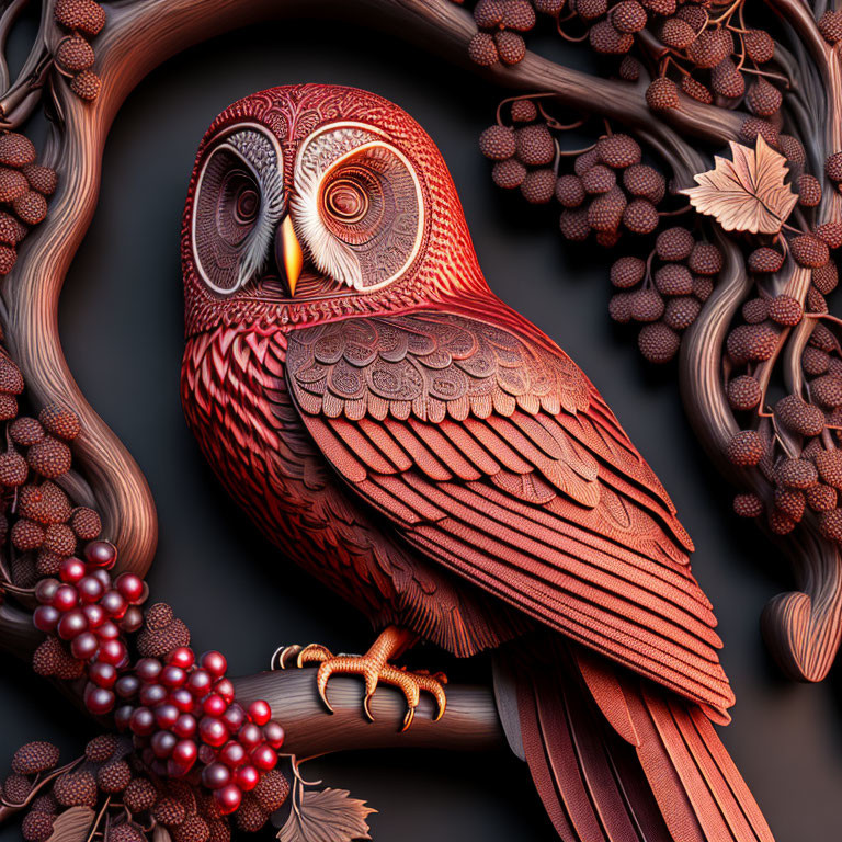 Detailed 3D red owl illustration on branch with berries and foliage