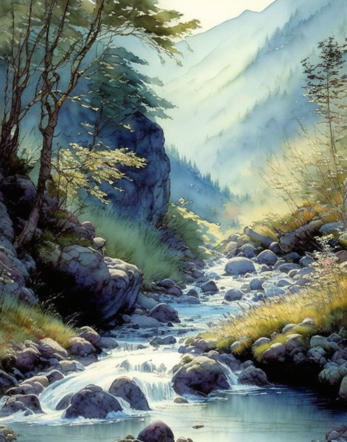 Tranquil Watercolor Painting of Babbling Brook in Rocky Landscape