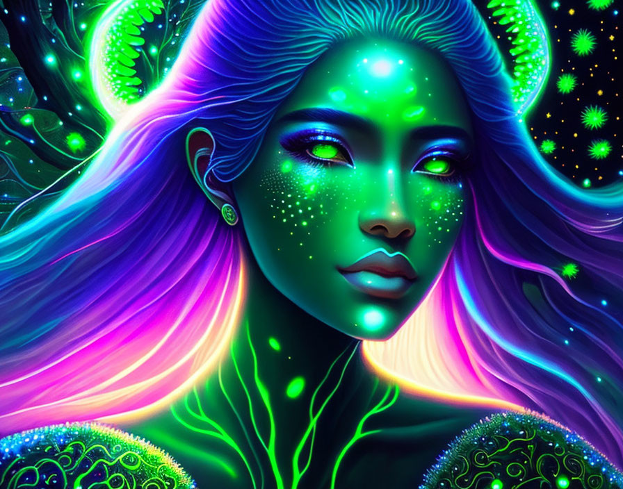 Colorful digital artwork of a woman with green skin and celestial motifs.