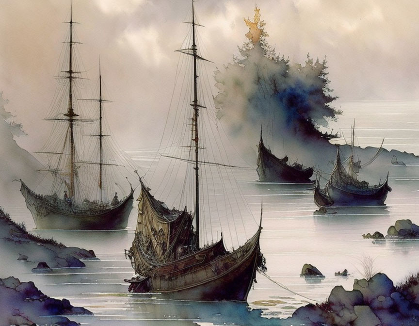 Vintage sailing ships in misty watercolor seascape.