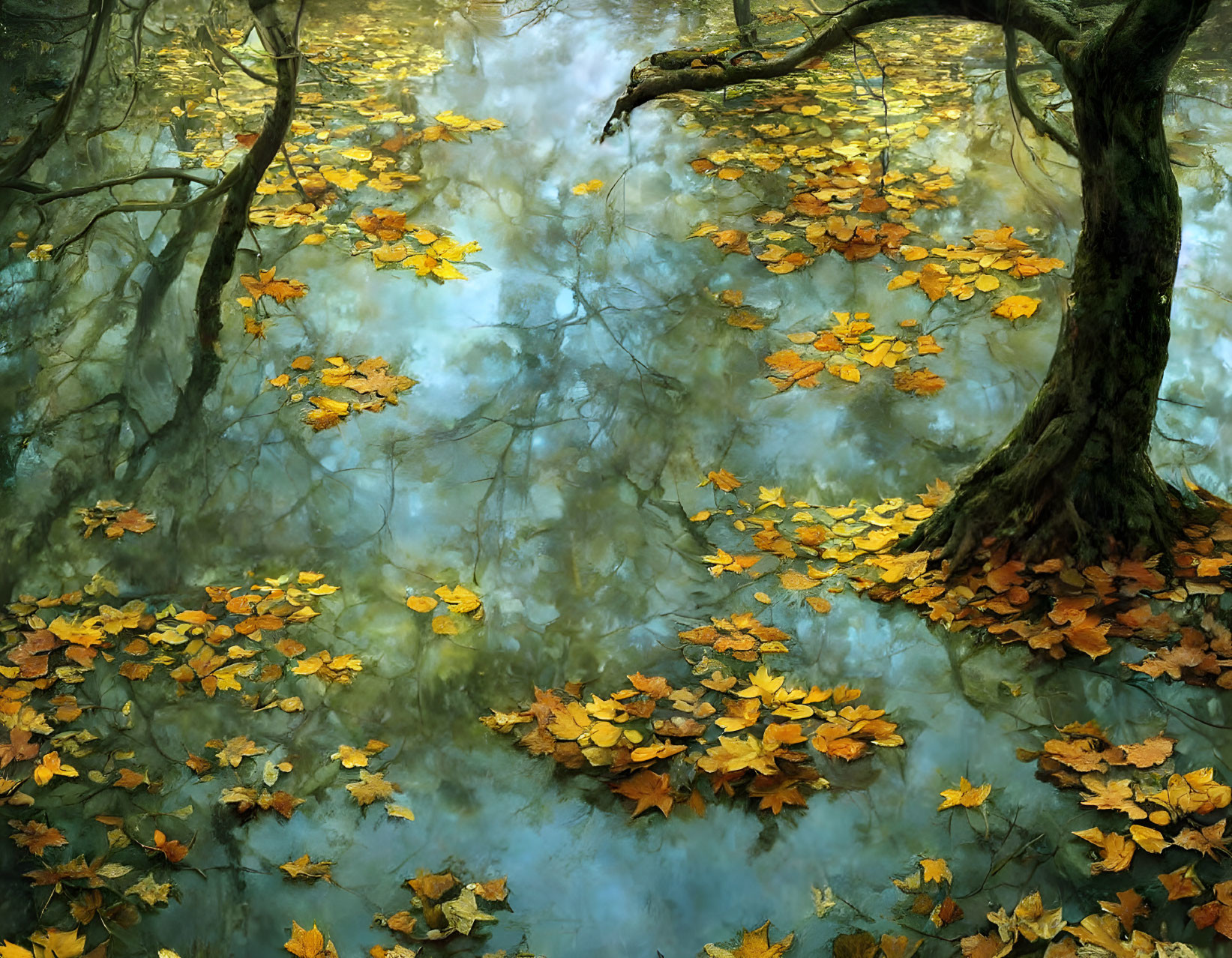 Autumn forest with mist-covered floor and ancient trees