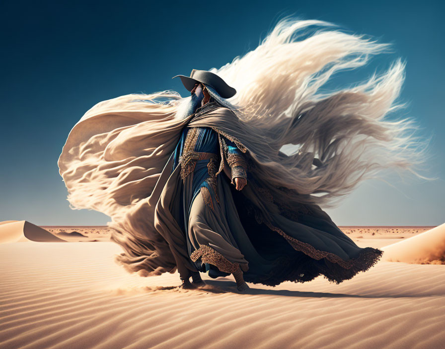 Mysterious figure in wide-brimmed hat walking desert landscape