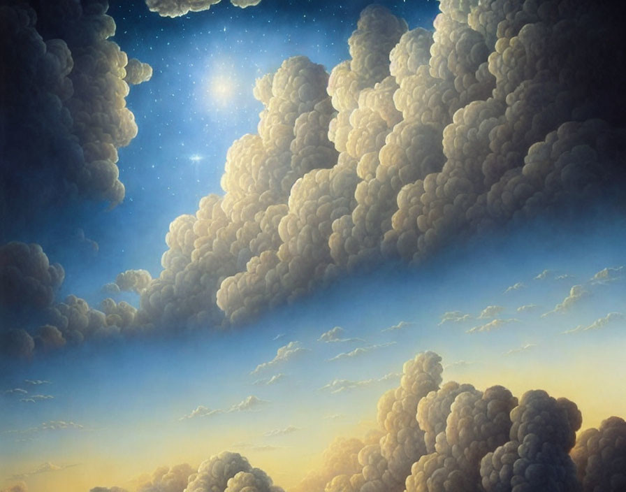 Tranquil sunset sky with fluffy clouds and twinkling stars