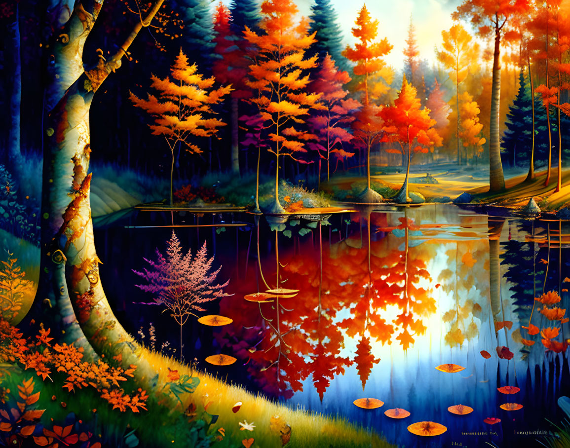 Colorful Autumn Forest Reflecting in Blue Lake with Lily Pads