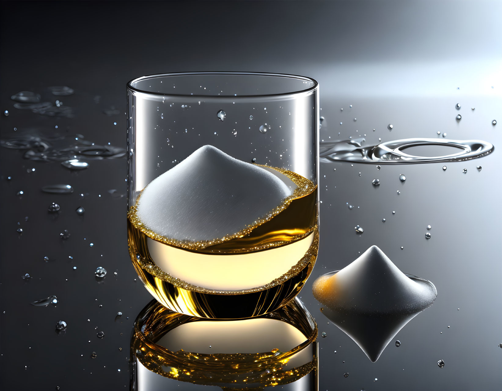 Golden whiskey in glass with ice cubes on dark background, water droplets in air