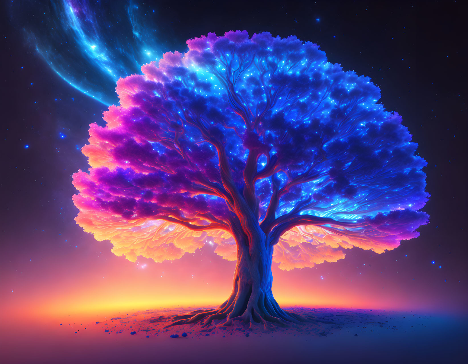 Colorful Tree with Neon Foliage on Starry Night Sky