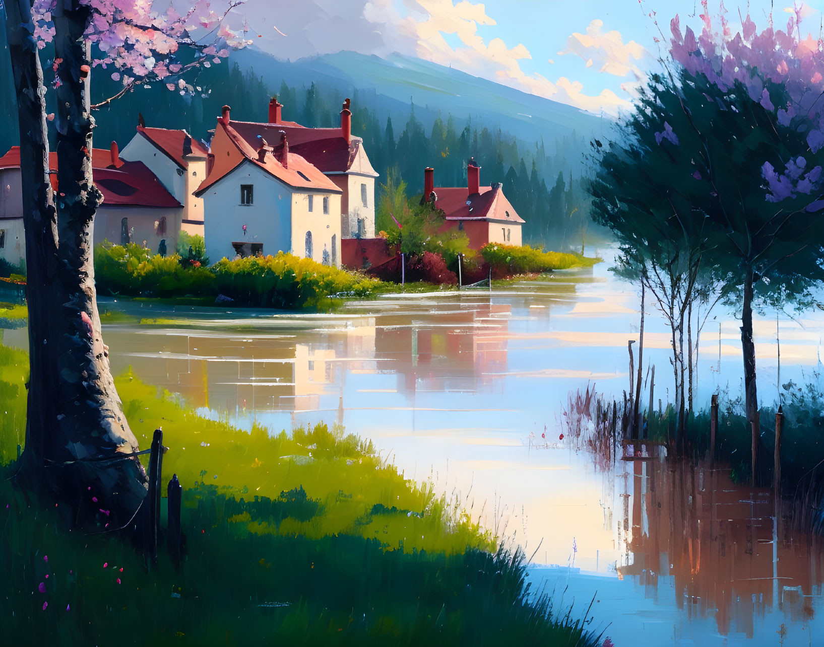 Tranquil riverside landscape with blooming trees and houses reflected in calm waters