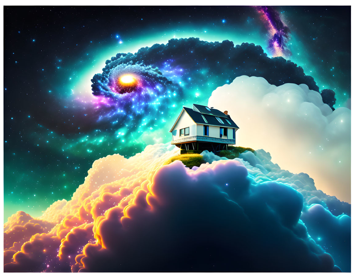 House on fluffy clouds in surreal space sky