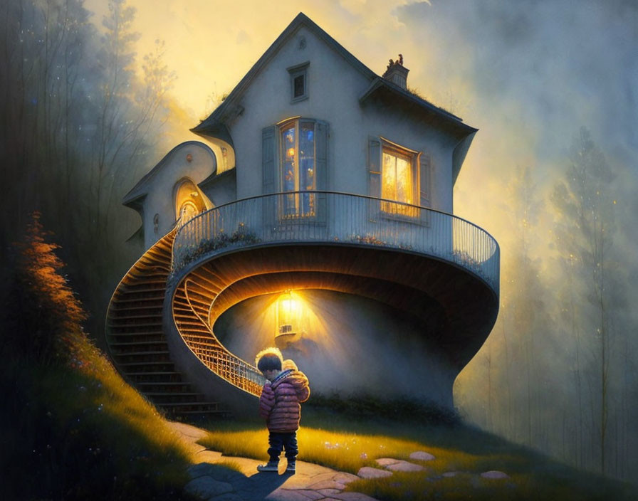 Child with lantern in front of whimsical house with spiral staircase at dusk