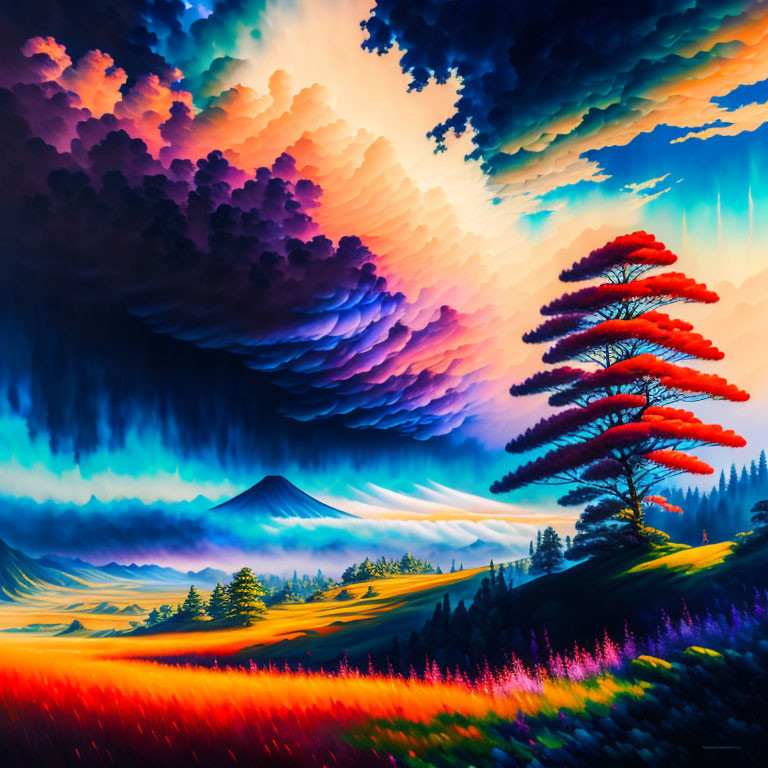 Colorful landscape painting with red tree, hills, volcano, sky, and vibrant field.