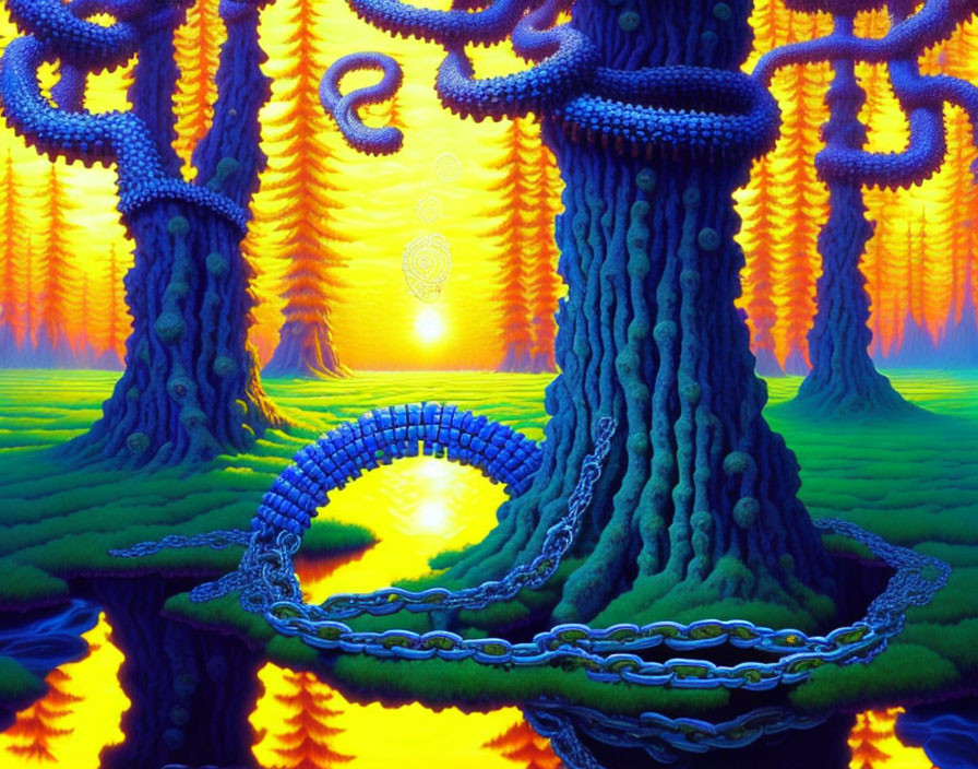 Surreal landscape with twisted blue trees and serene water