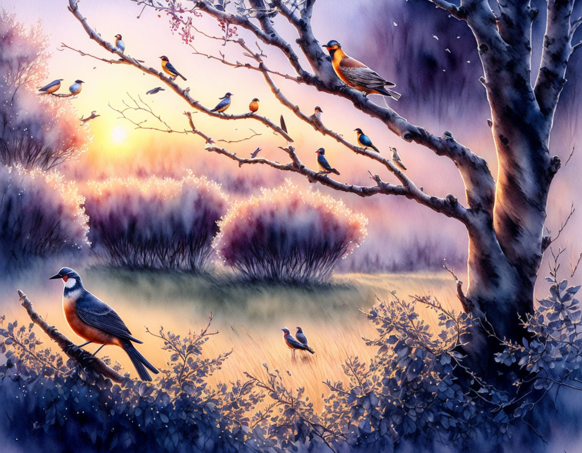 Birds perching in a misty purple landscape at sunset