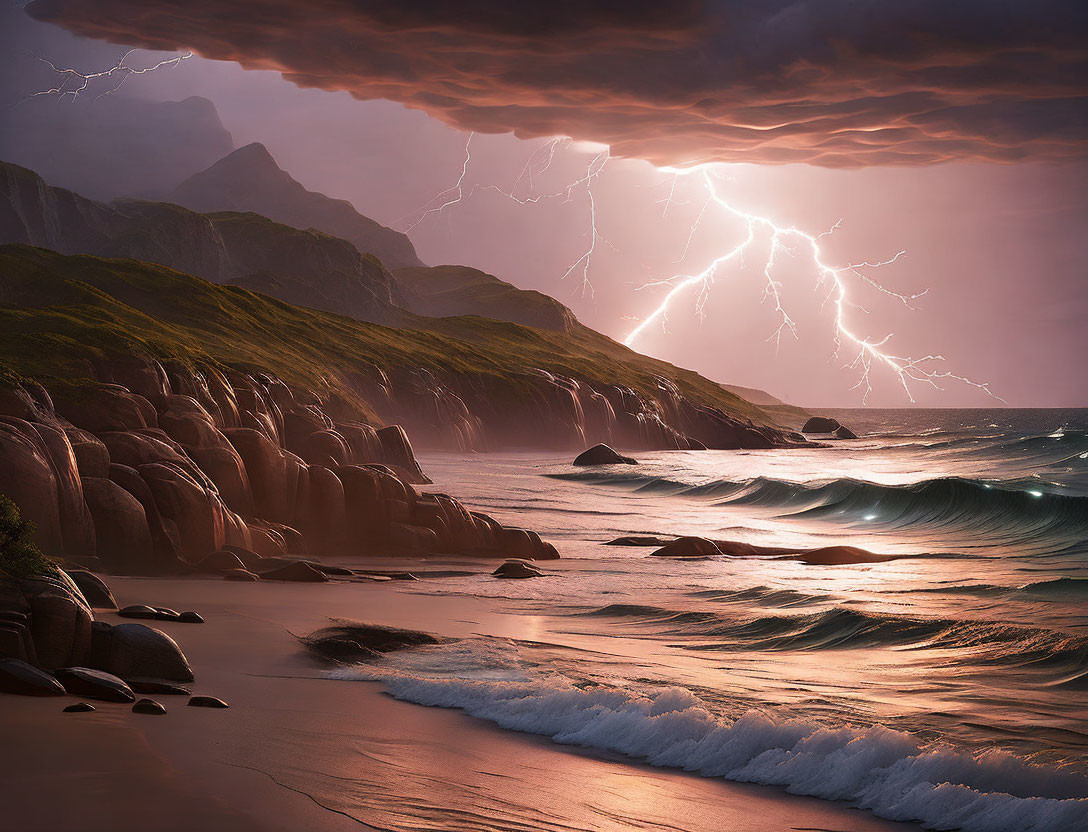 Dramatic coastal scene with thunderstorm and lightning over ocean waves